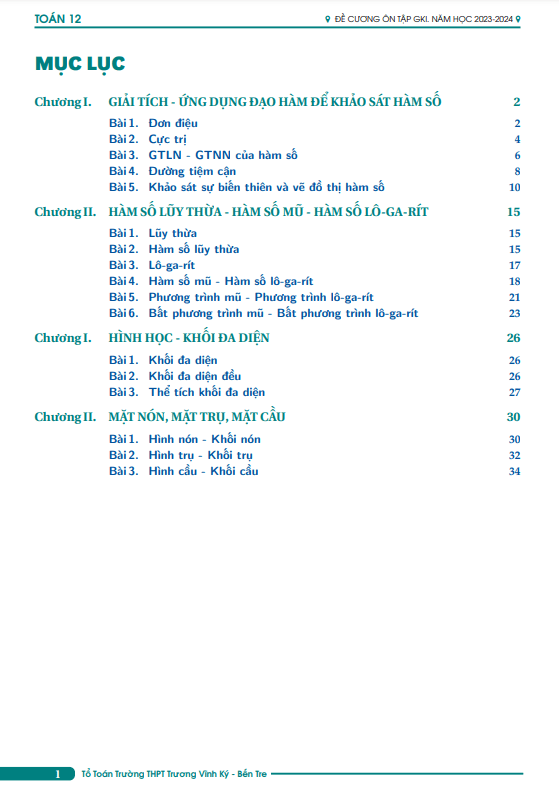 đề cương giữa kì 1 toán 12 năm 2023 – 2024 trường thpt trương vĩnh ký – bến tre