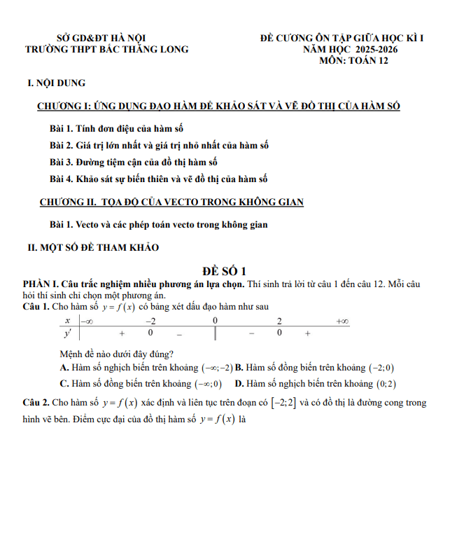 đề cương giữa kì 1 toán 12 năm 2025 – 2026 trường thpt bắc thăng long – hà nội