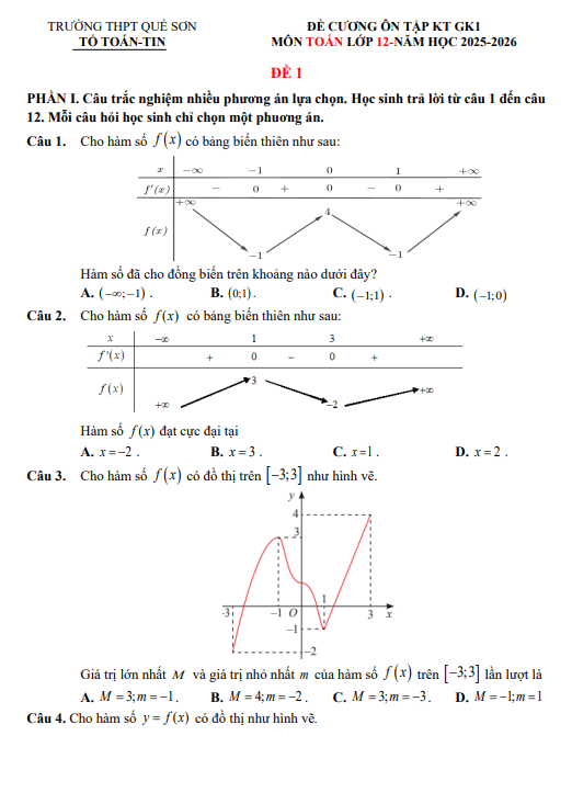 đề cương giữa kì 1 toán 12 năm 2025 – 2026 trường thpt quế sơn – đà nẵng