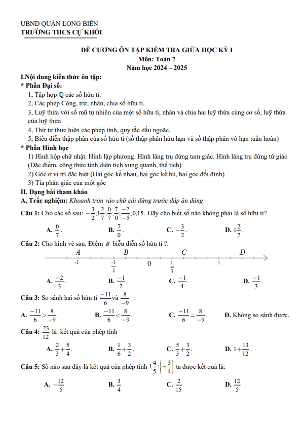 đề cương giữa kì 1 toán 7 năm 2024 – 2025 trường thcs cự khối – hà nội