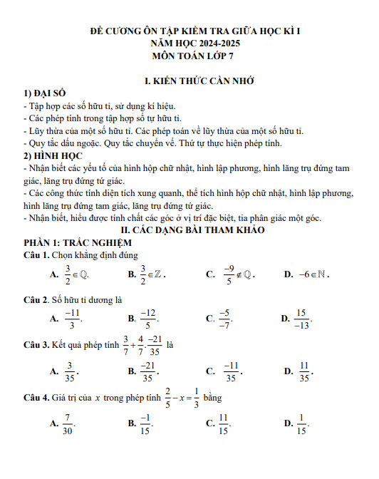 đề cương giữa kì 1 toán 7 năm 2024 – 2025 trường thcs lương thế vinh – br vt