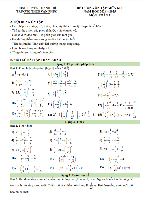 đề cương giữa kì 1 toán 7 năm 2024 – 2025 trường thcs vạn phúc – hà nội