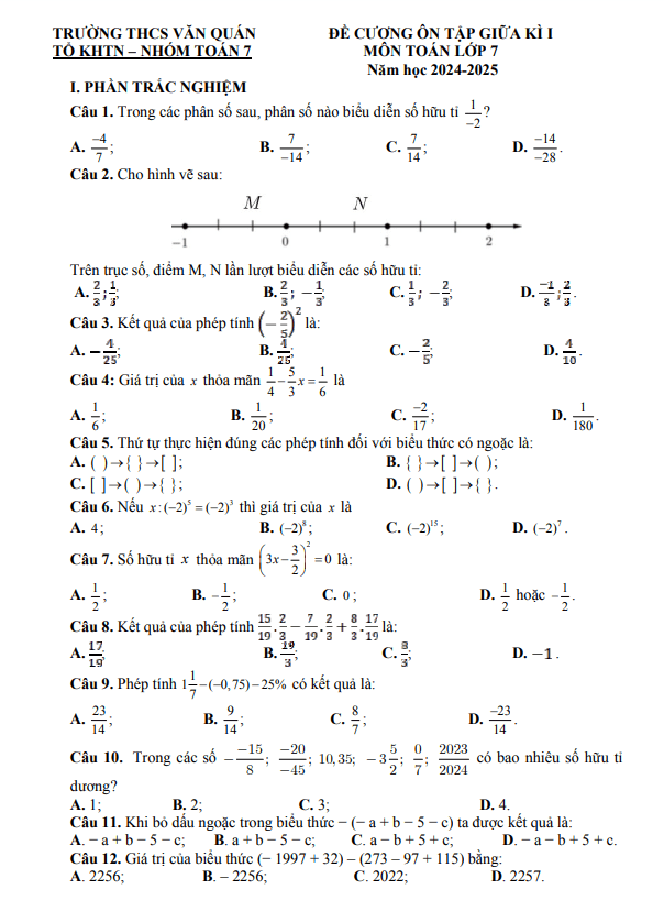 đề cương giữa kì 1 toán 7 năm 2024 – 2025 trường thcs văn quán – hà nội