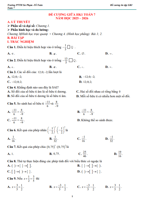 đề cương giữa kì 1 toán 7 năm 2025 – 2026 trường pt thực hành sư phạm – đồng nai