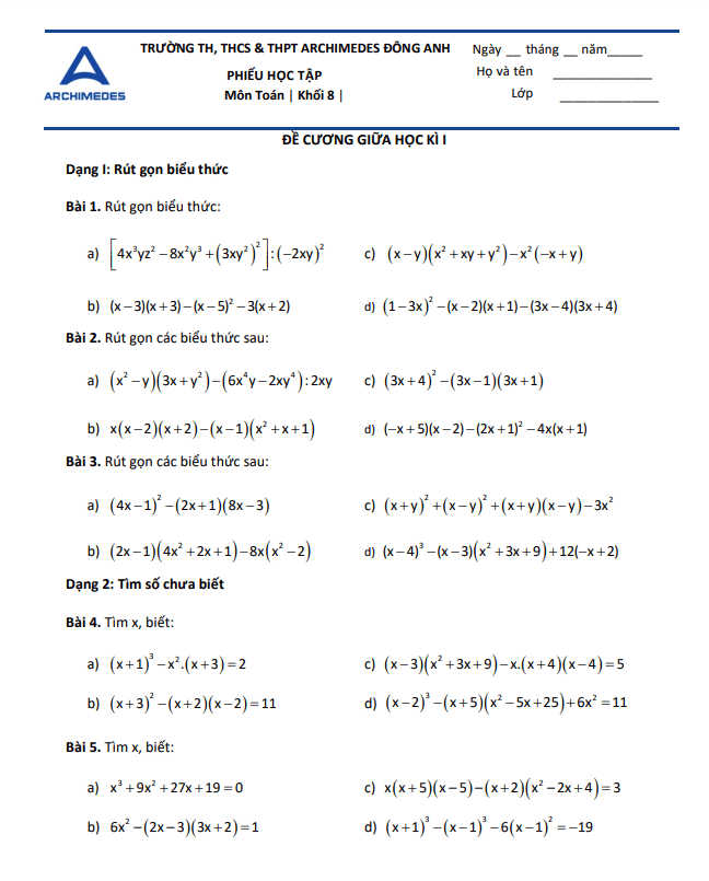 đề cương giữa kì 1 toán 8 năm 2023 – 2024 trường archimedes đông anh – hà nội