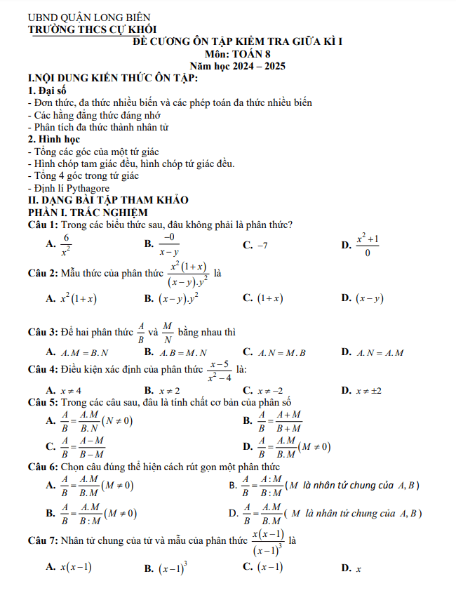 đề cương giữa kì 1 toán 8 năm 2024 – 2025 trường thcs cự khối – hà nội