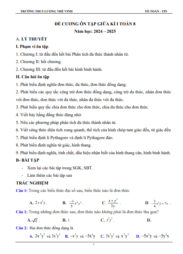 đề cương giữa kì 1 toán 8 năm 2024 – 2025 trường thcs lương thế vinh – br vt