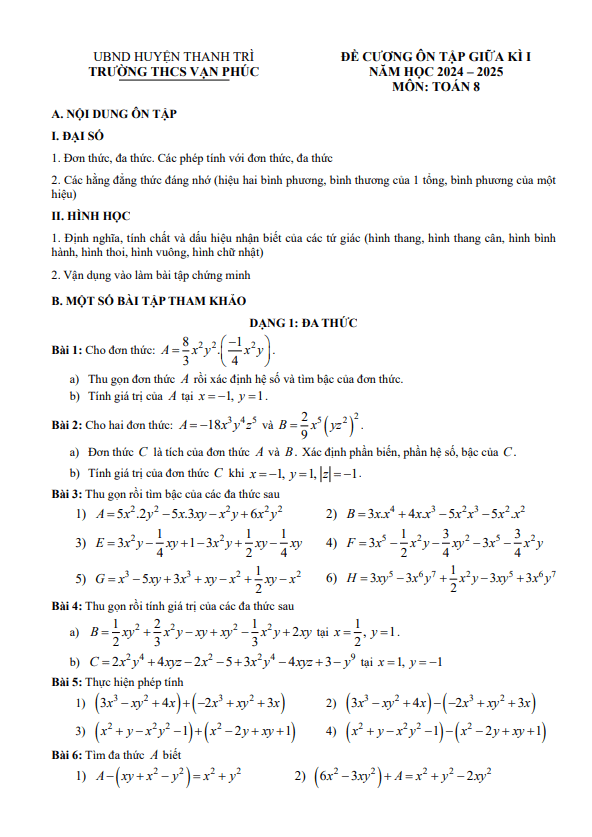 đề cương giữa kì 1 toán 8 năm 2024 – 2025 trường thcs vạn phúc – hà nội
