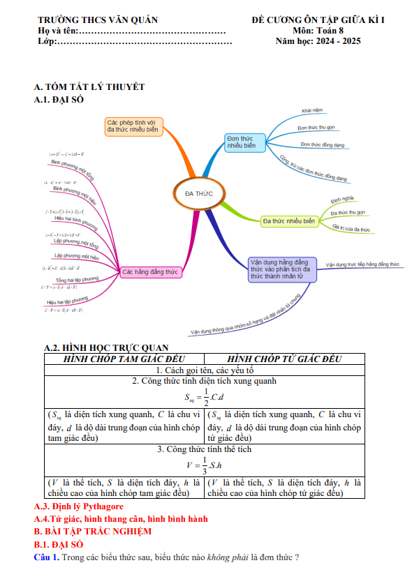 đề cương giữa kì 1 toán 8 năm 2024 – 2025 trường thcs văn quán – hà nội