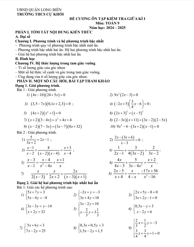 đề cương giữa kì 1 toán 9 năm 2024 – 2025 trường thcs cự khối – hà nội