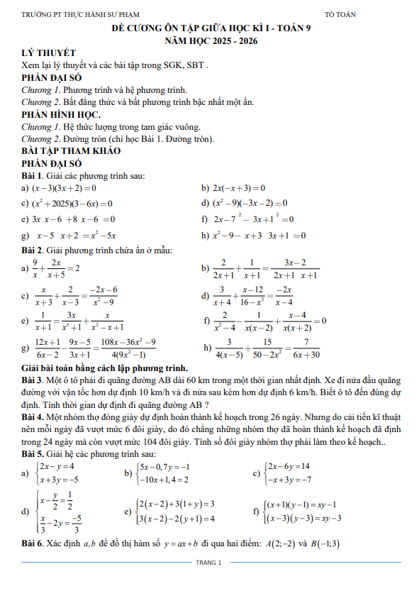 đề cương giữa kì 1 toán 9 năm 2025 – 2026 trường pt thực hành sư phạm – đồng nai