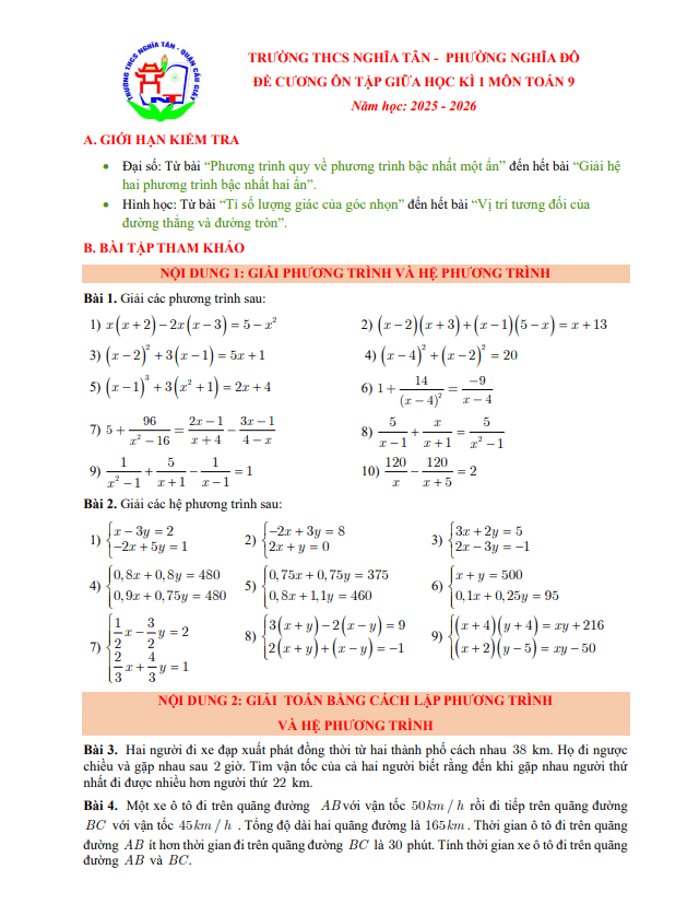 đề cương giữa kì 1 toán 9 năm 2025 – 2026 trường thcs nghĩa tân – hà nội
