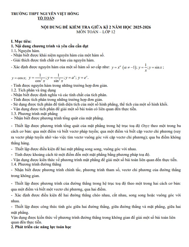 đề cương giữa kì 2 toán 12 năm 2025 – 2026 trường thpt nguyễn việt hồng – cần thơ