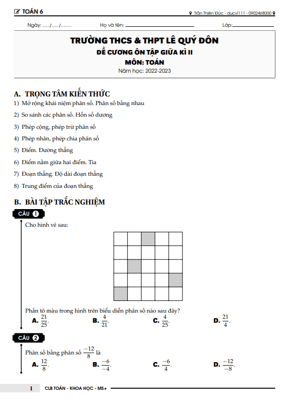 đề cương giữa kì 2 toán 6 năm 2022 – 2023 trường lê quý đôn – hà nội