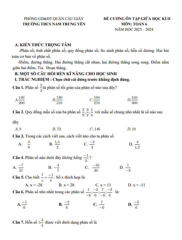 đề cương giữa kì 2 toán 6 năm 2023 – 2024 trường thcs nam trung yên – hà nội