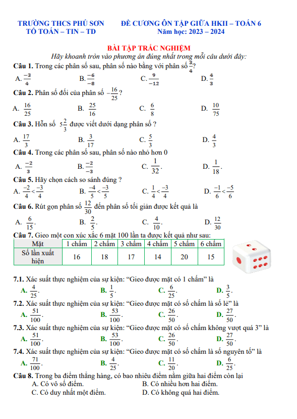 đề cương giữa kì 2 toán 6 năm 2023 – 2024 trường thcs phú sơn – đồng nai