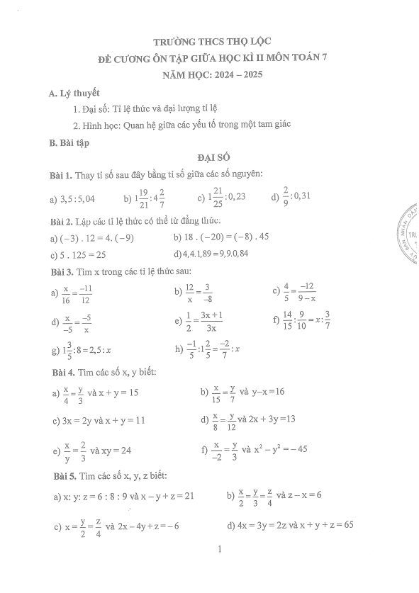 đề cương giữa kì 2 toán 7 năm 2024 – 2025 trường thcs thọ lộc – hà nội