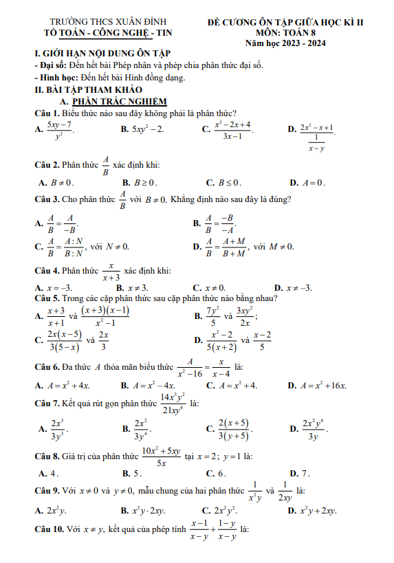 đề cương giữa kì 2 toán 8 năm 2023 – 2024 trường thcs xuân đỉnh – hà nội