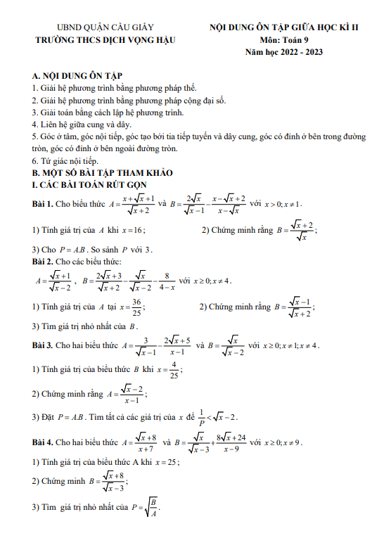 đề cương giữa kì 2 toán 9 năm 2022 – 2023 trường thcs dịch vọng hậu – hà nội