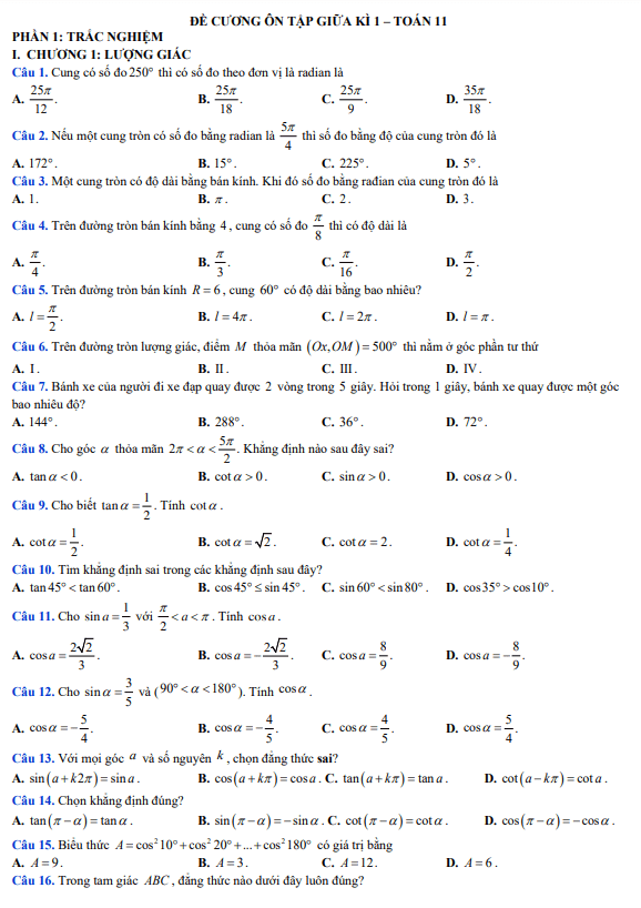 đề cương giữa kỳ 1 toán 11 năm 2023 – 2024 trường bùi thị xuân – lâm đồng