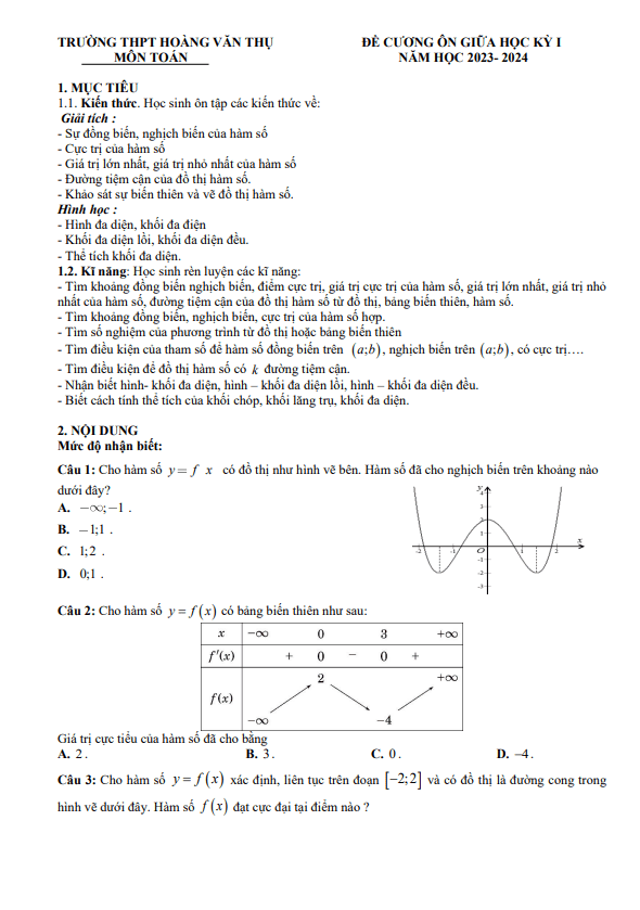 đề cương giữa kỳ 1 toán 12 năm 2023 – 2024 trường hoàng văn thụ – hà nội