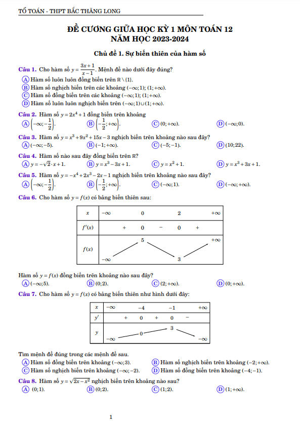 đề cương giữa kỳ 1 toán 12 năm 2023 – 2024 trường thpt bắc thăng long – hà nội