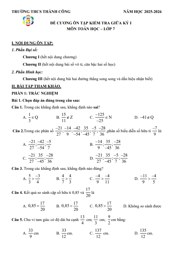 đề cương giữa kỳ 1 toán 7 năm 2025 – 2026 trường thcs thành công – hà nội