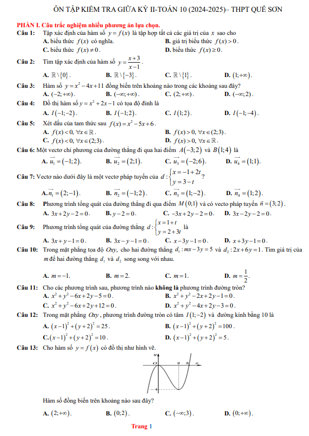 đề cương giữa kỳ 2 toán 10 năm 2024 – 2025 trường thpt quế sơn – quảng nam