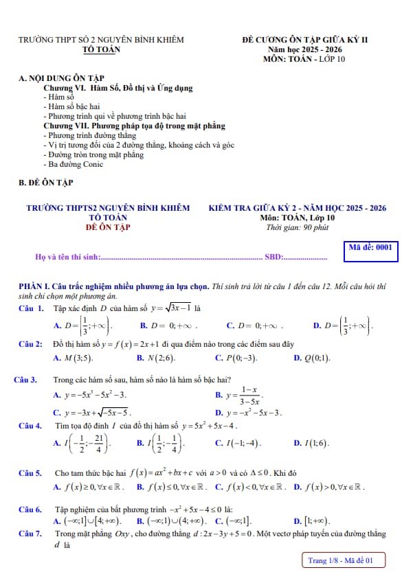 đề cương giữa kỳ 2 toán 10 năm 2025 – 2026 trường thpt nguyễn bỉnh khiêm 2 – gia lai