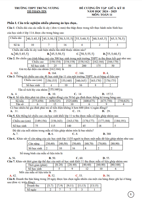 đề cương giữa kỳ 2 toán 11 năm 2024 – 2025 trường thpt trưng vương – bình định