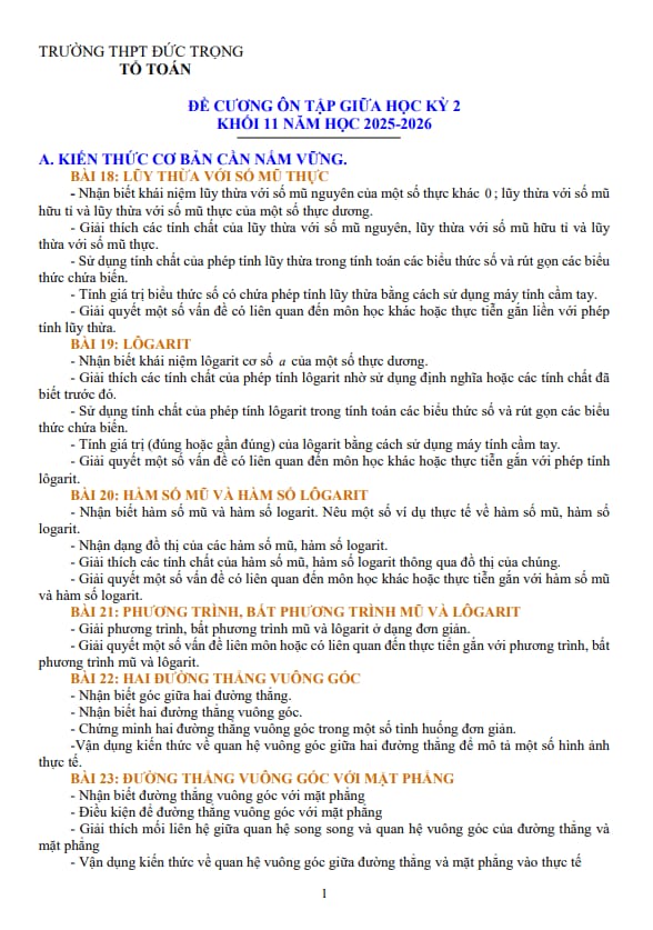 đề cương giữa kỳ 2 toán 11 năm 2025 – 2026 trường thpt đức trọng – lâm đồng
