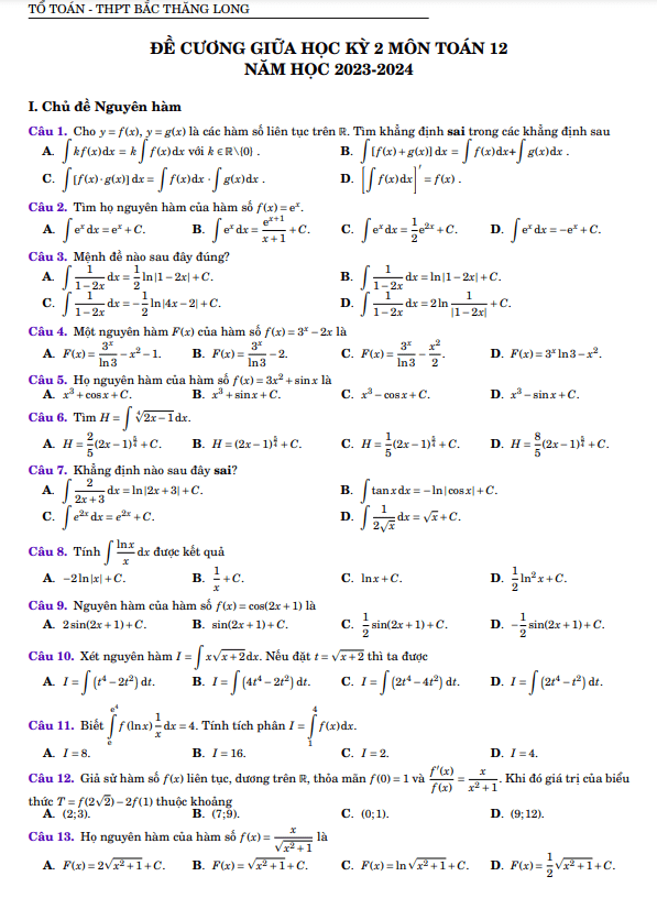 đề cương giữa kỳ 2 toán 12 năm 2023 – 2024 trường thpt bắc thăng long – hà nội