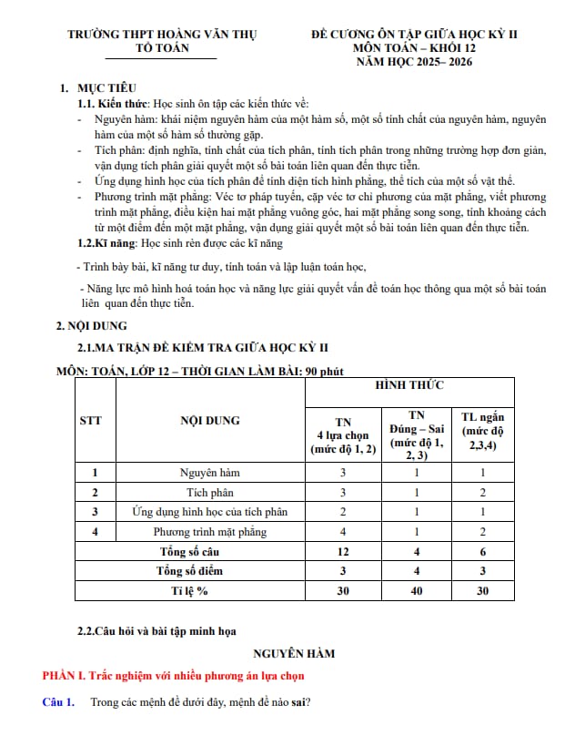 đề cương giữa kỳ 2 toán 12 năm 2025 – 2026 trường thpt hoàng văn thụ – hà nội