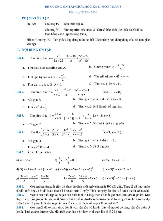 đề cương giữa kỳ 2 toán 8 năm 2025 – 2026 trường thcs lê ngọc hân – hà nội