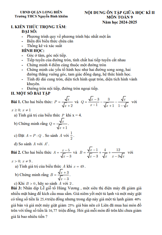 đề cương giữa kỳ 2 toán 9 năm 2024 – 2025 trường thcs nguyễn bỉnh khiêm – hà nội