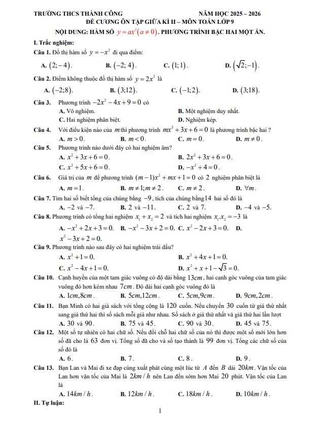 đề cương giữa kỳ 2 toán 9 năm 2025 – 2026 trường thcs thành công – hà nội