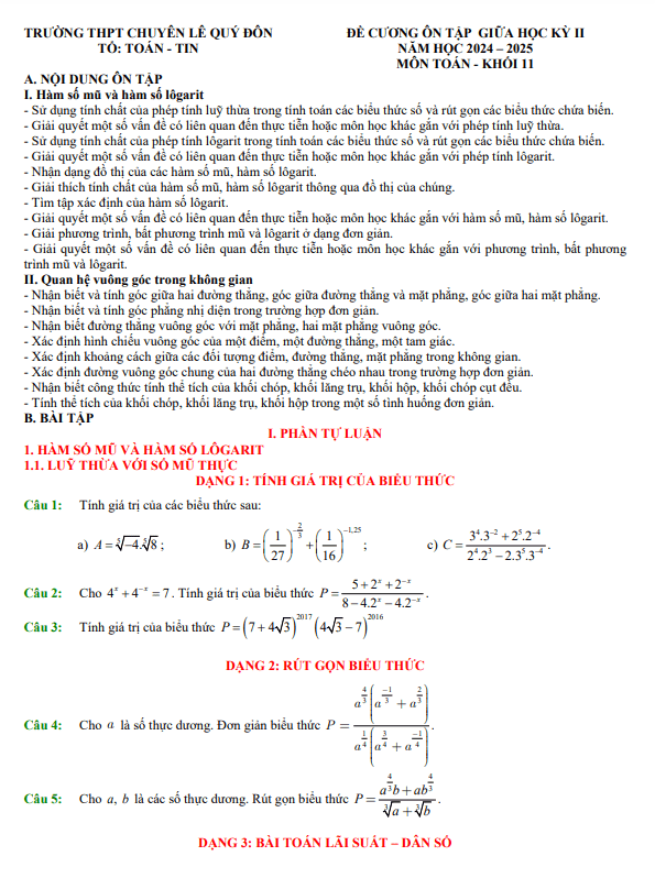đề cương gk2 toán 11 năm 2024 – 2025 trường chuyên lê quý đôn – lai châu