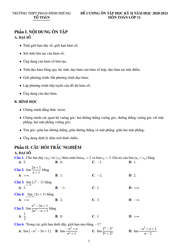 đề cương hk2 toán 11 năm 2020 – 2021 trường phan đình phùng – quảng bình