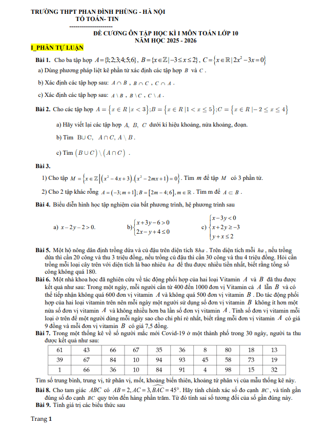 đề cương học kì 1 toán 10 năm 2025 – 2026 trường thpt phan đình phùng – hà nội