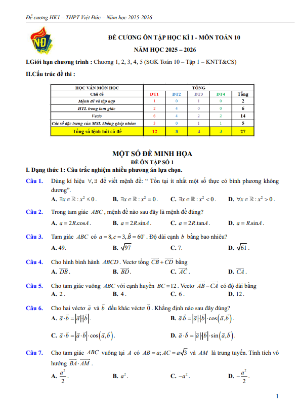 đề cương học kì 1 toán 10 năm 2025 – 2026 trường thpt việt đức – hà nội