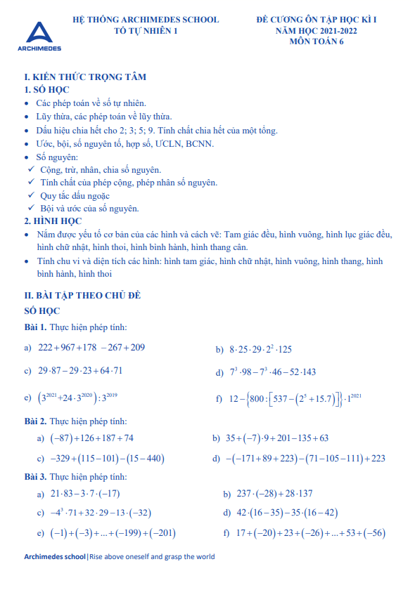 đề cương học kì 1 toán 6 năm 2021 – 2022 trường thcs archimedes academy – hà nội