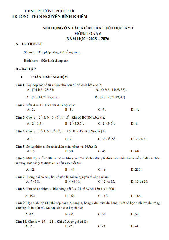 đề cương học kì 1 toán 6 năm 2025 – 2026 trường thcs nguyễn bỉnh khiêm – hà nội