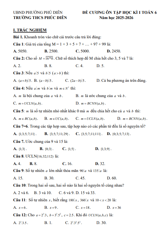 đề cương học kì 1 toán 6 năm 2025 – 2026 trường thcs phúc diễn – hà nội