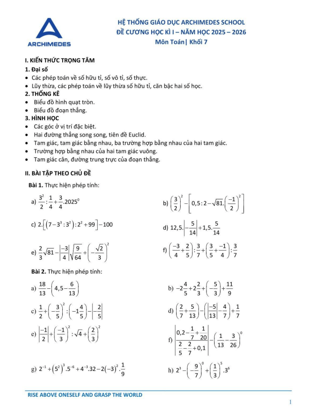 đề cương học kì 1 toán 7 năm 2025 – 2026 hệ thống gd archimedes school – hà nội
