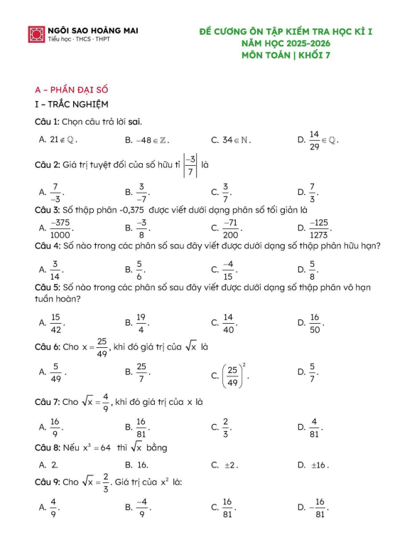 đề cương học kì 1 toán 7 năm 2025 – 2026 trường ngôi sao hoàng mai – hà nội