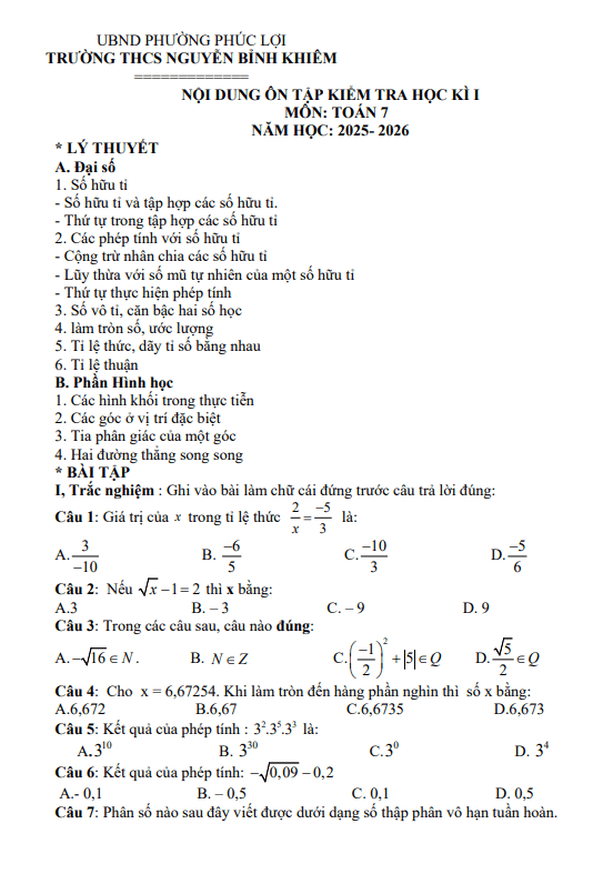 đề cương học kì 1 toán 7 năm 2025 – 2026 trường thcs nguyễn bỉnh khiêm – hà nội