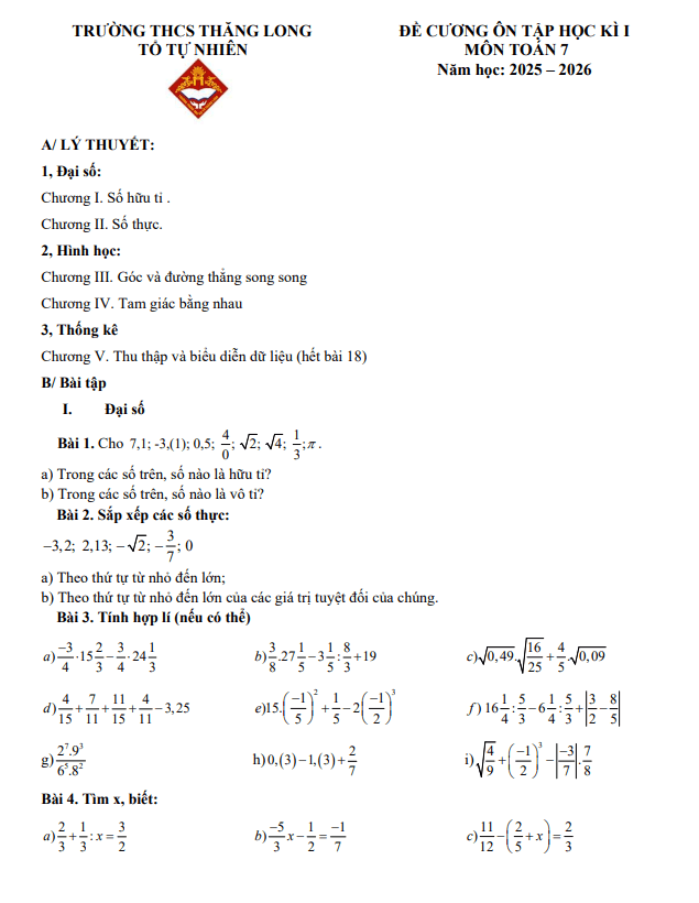 đề cương học kì 1 toán 7 năm 2025 – 2026 trường thcs thăng long – hà nội