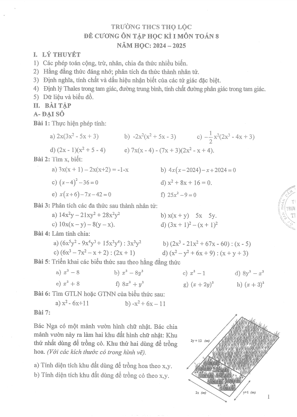 đề cương học kì 1 toán 8 năm 2024 – 2025 trường thcs thọ lộc – hà nội