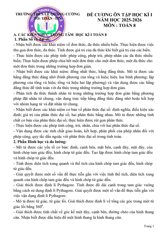 đề cương học kì 1 toán 8 năm 2025 – 2026 trường thcs lê quang cường – tp hcm