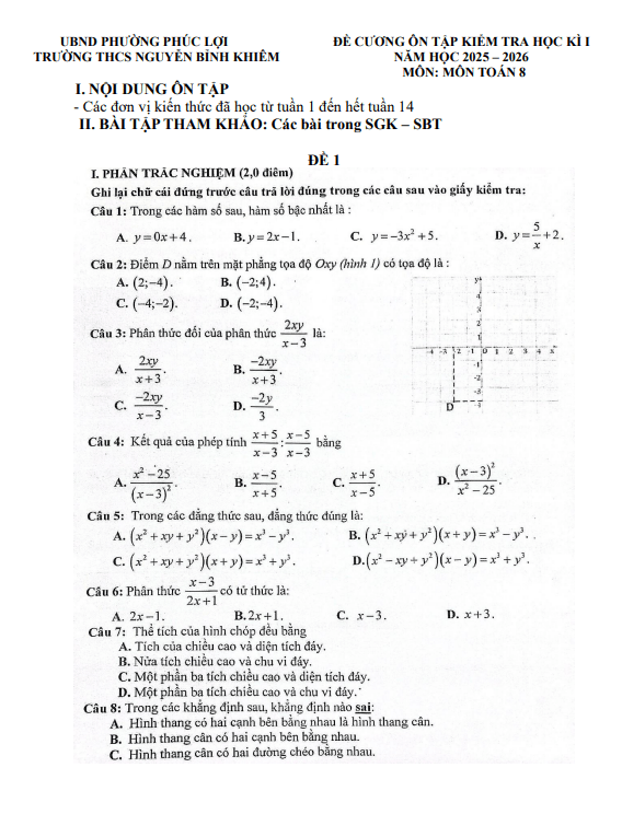 đề cương học kì 1 toán 8 năm 2025 – 2026 trường thcs nguyễn bỉnh khiêm – hà nội